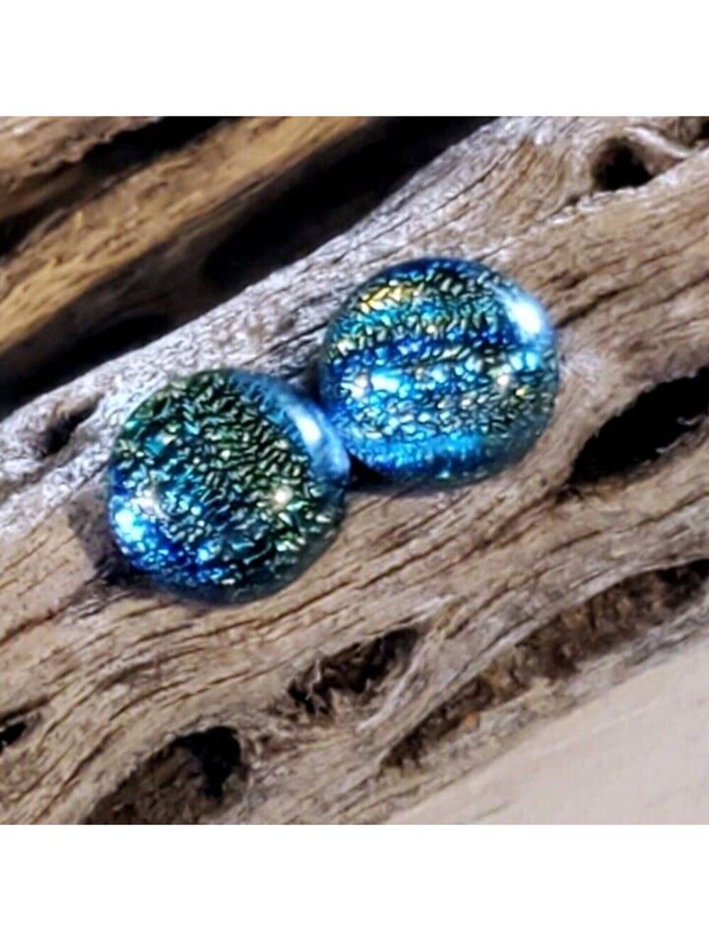 Fused Dichroic Art Glass Cabochon Black Multi Round Stud Earrings Style 1260-F